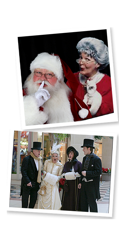 Santa and Mrs. Claus with Victorian carolers