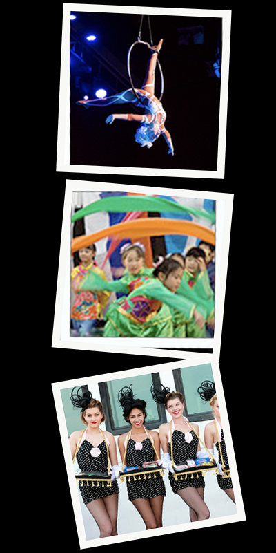 Game show host, line dance instructor, and box car girls entertainment banner