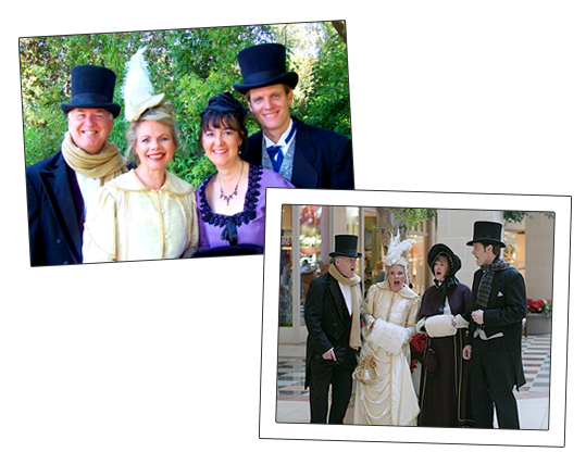Victorian carolers in Charles Dickens-era attire