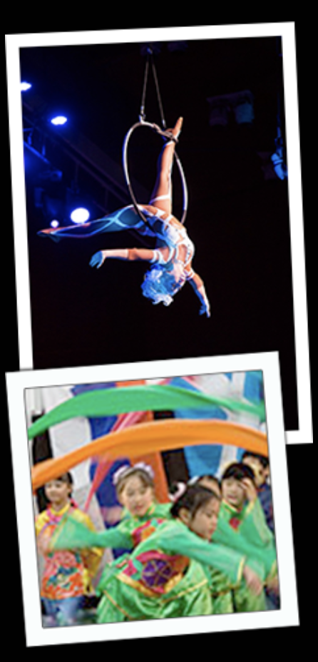 Aerial hoop performer and children dancing with colorful ribbons