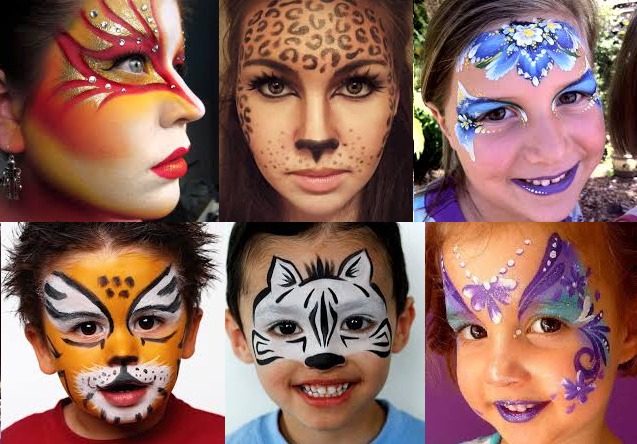 Face painting designs: fantasy, leopard, floral, tiger, zebra, and butterfly
