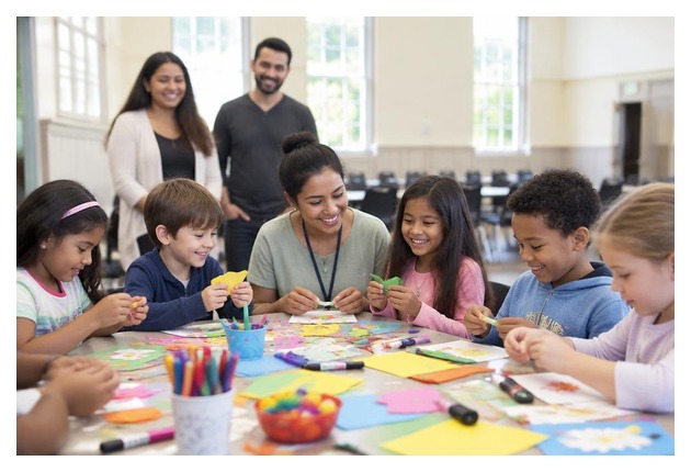 Kids working on craft projects at the Imagination Creation Station