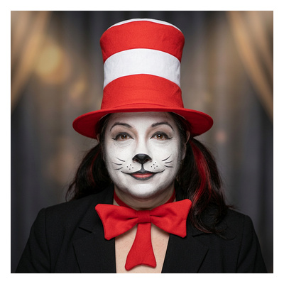 Storybook cat character performer in a striped top hat